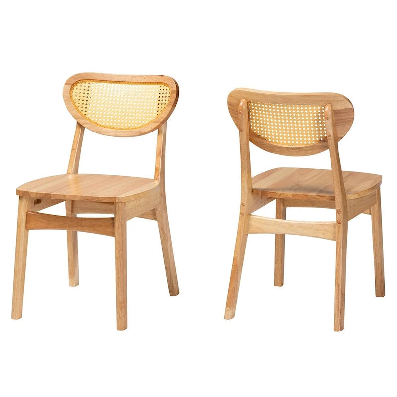 Ensemble de 2 chaises de salle à manger Nenet, style moderne du milieu du siècle, en bois fini chêne brun et rotin.