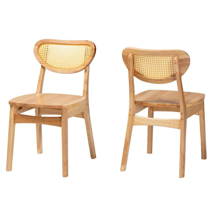 Ensemble de 2 chaises de salle à manger Nenet, style moderne du milieu du siècle, en bois fini chêne brun et rotin.