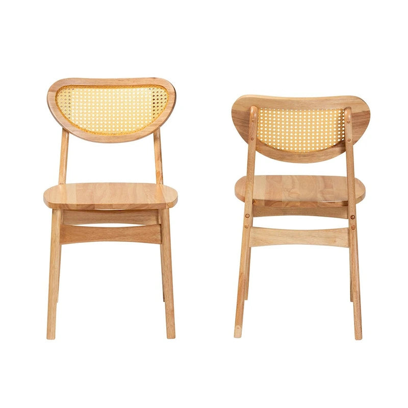 Ensemble de 2 chaises de salle à manger Nenet, style moderne du milieu du siècle, en bois fini chêne brun et rotin.