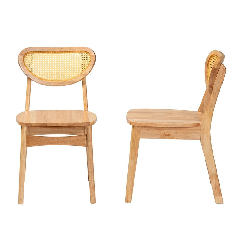 Ensemble de 2 chaises de salle à manger Nenet, style moderne du milieu du siècle, en bois fini chêne brun et rotin.