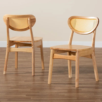 Ensemble de 2 chaises de salle à manger Nenet, style moderne du milieu du siècle, en bois fini chêne brun et rotin.