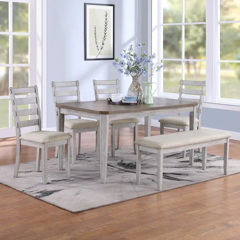 Ensemble de salle à manger minimaliste 6 pièces en chêne de 60 pouces de longueur (1 table à manger + 4 chaises rembourrées + 1 banc)