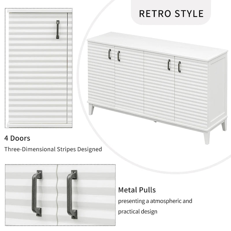 Buffet moderne à 4 portes avec grand espace de rangement, étagères réglables et poignées en métal