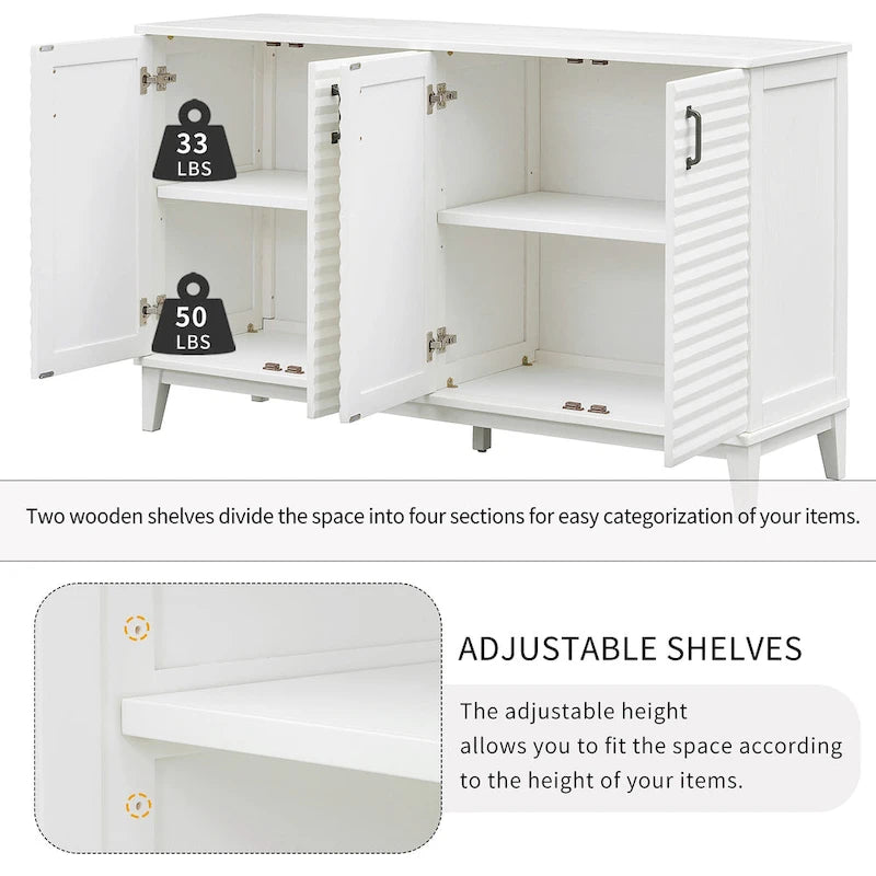 Buffet moderne à 4 portes avec grand espace de rangement, étagères réglables et poignées en métal