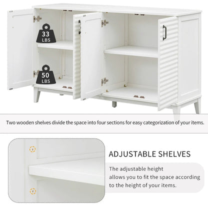 Buffet moderne à 4 portes avec grand espace de rangement, étagères réglables et poignées en métal