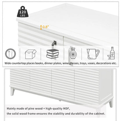 Buffet moderne à 4 portes avec grand espace de rangement, étagères réglables et poignées en métal