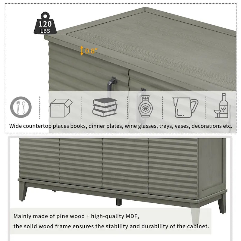 Buffet moderne à 4 portes avec grand espace de rangement, étagères réglables et poignées en métal