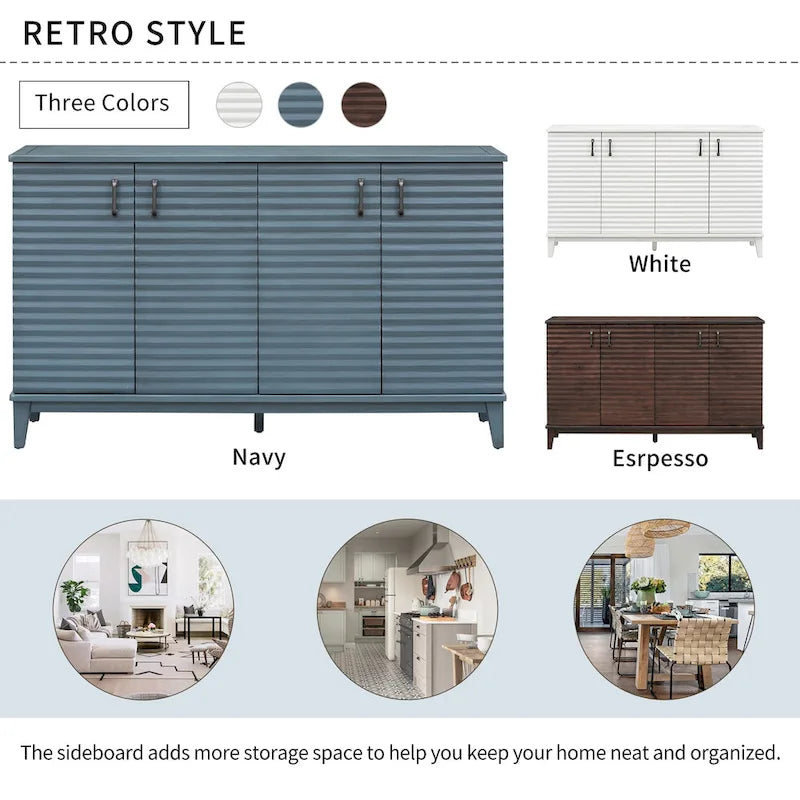 Buffet moderne à 4 portes avec grand espace de rangement, étagères réglables et poignées en métal