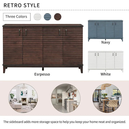 Buffet moderne à 4 portes avec grand espace de rangement, étagères réglables et poignées en métal