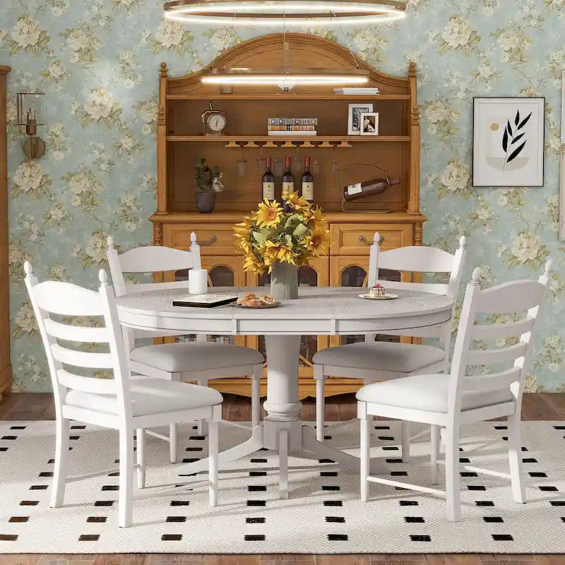 5-Piece Dining Table Set Round Extendable Dining Table and 4 Chairs