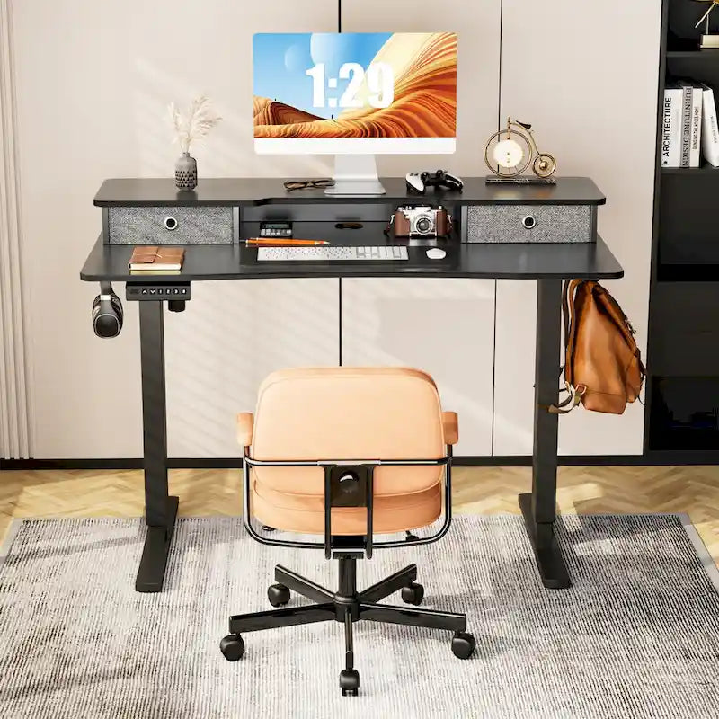 CUSchoice Black Adjustable Electric Standing Desk with Storage and Double Drawer for Home Office