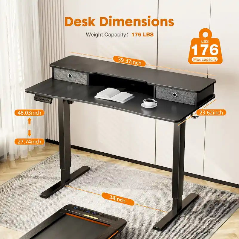 Bureau assis-debout électrique réglable noir CUSchoice avec rangement et double tiroir pour bureau à domicile