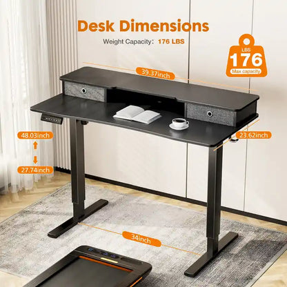 Bureau assis-debout électrique réglable noir CUSchoice avec rangement et double tiroir pour bureau à domicile