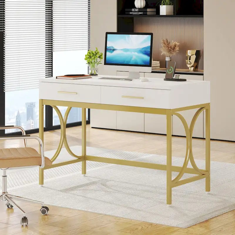 41 Computer Desk with Two Drawers, Modern Study Writing Desk with Storage