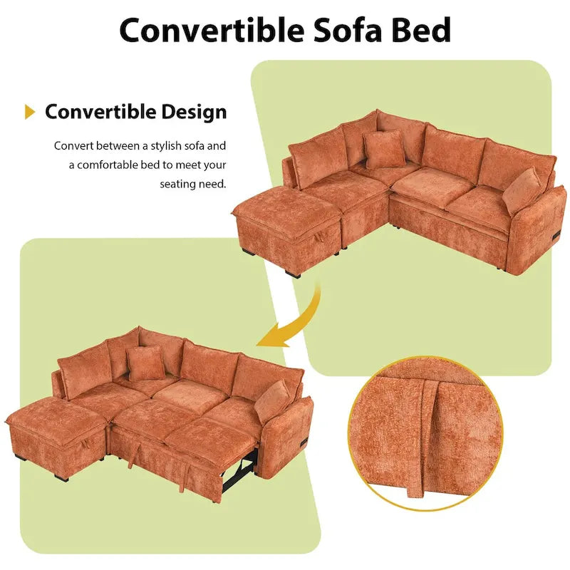 Canapé-lit convertible d'angle, canapé-lit en L, pouf, deux coussins, prises électriques et port USB, orange