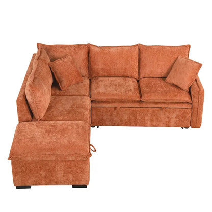 Canapé-lit convertible d'angle, canapé-lit en L, pouf, deux coussins, prises électriques et port USB, orange