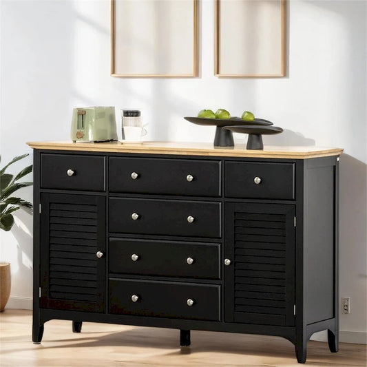 Wood Sideboard Buffet Cabinet with Drawers and Adjustable Shelves