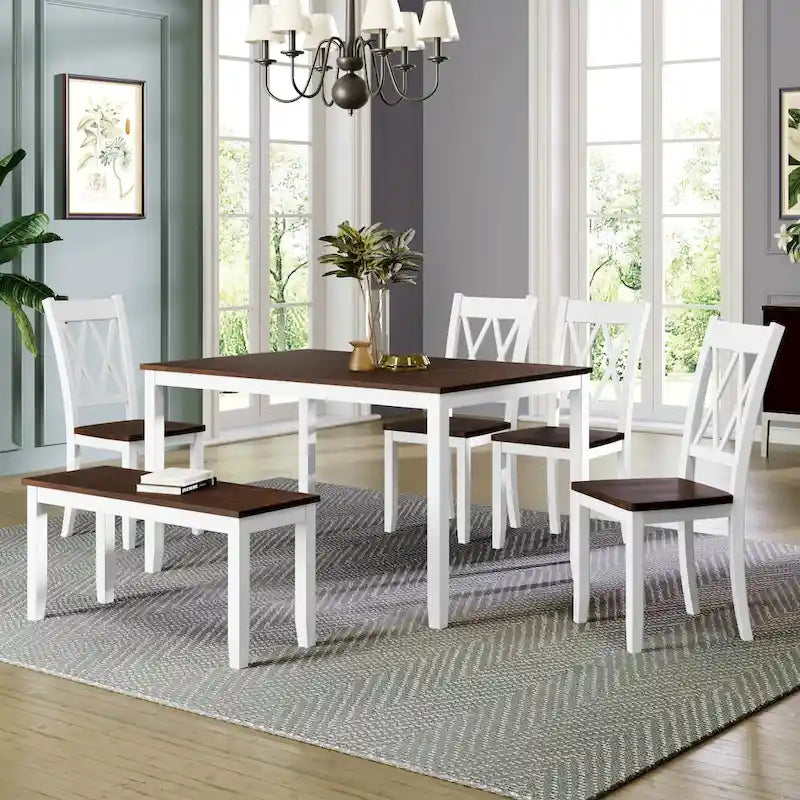 6-Piece Wooden Dining Table Set with Cross Back, 4 Chairs and Bench