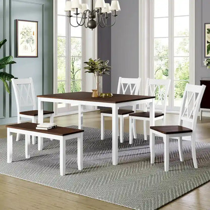 6-Piece Wooden Dining Table Set with Cross Back, 4 Chairs and Bench