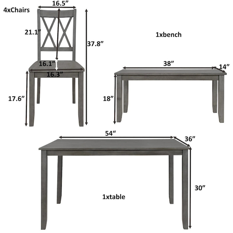 Ensemble de salle à manger en bois 6 pièces avec table à dossier croisé, 4 chaises et banc