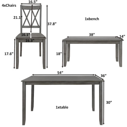 Ensemble de salle à manger en bois 6 pièces avec table à dossier croisé, 4 chaises et banc
