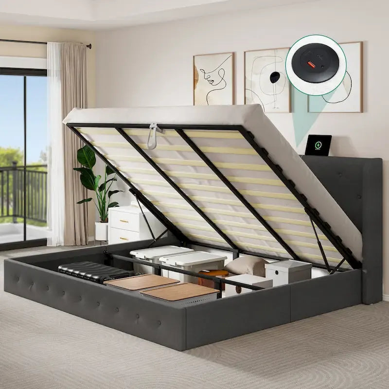 Lit plateforme Moasis Queen avec tête de lit rembourrée et rangement intégré