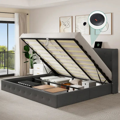 Lit plateforme Moasis Queen avec tête de lit rembourrée et rangement intégré