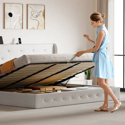 Lit plateforme Moasis Queen avec tête de lit rembourrée et rangement intégré