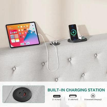 Lit plateforme Moasis Queen avec tête de lit rembourrée et rangement intégré