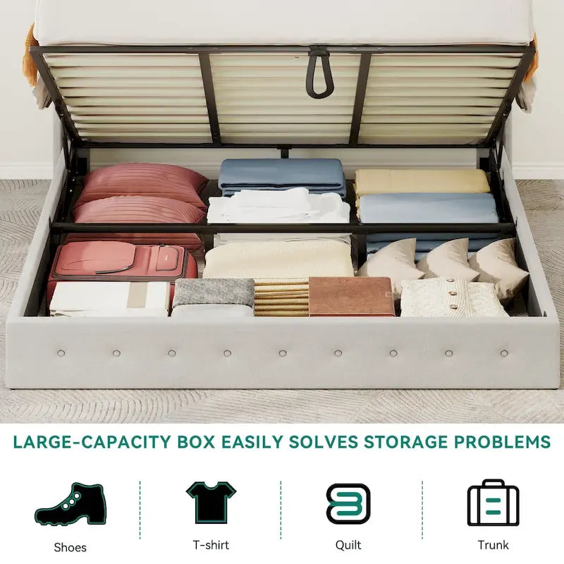 Lit plateforme Moasis Queen avec tête de lit rembourrée et rangement intégré