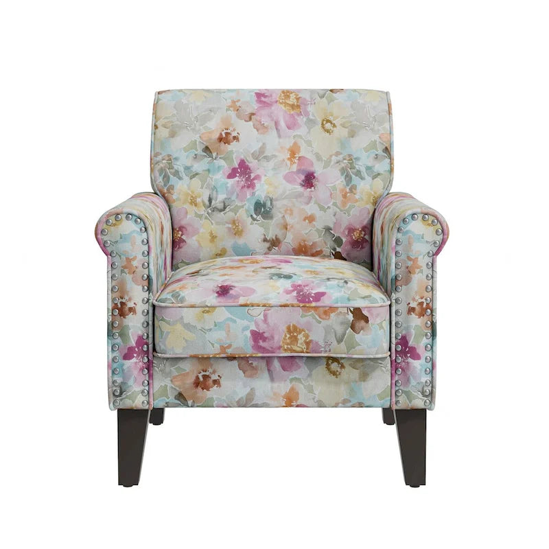 Fauteuil d'appoint Hervé traditionnel à accoudoirs roulés et clous décoratifs en étain