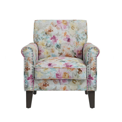 Fauteuil d'appoint Hervé traditionnel à accoudoirs roulés et clous décoratifs en étain