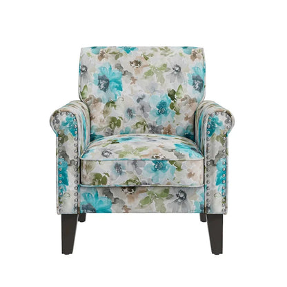 Fauteuil d'appoint Hervé traditionnel à accoudoirs roulés et clous décoratifs en étain