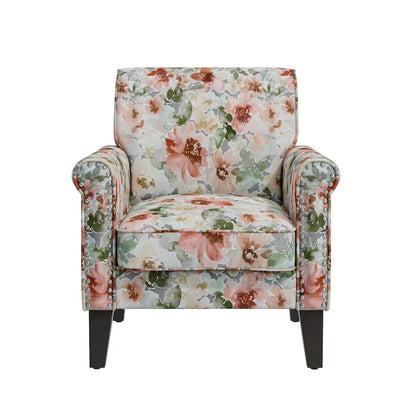 Fauteuil d'appoint Hervé traditionnel à accoudoirs roulés et clous décoratifs en étain