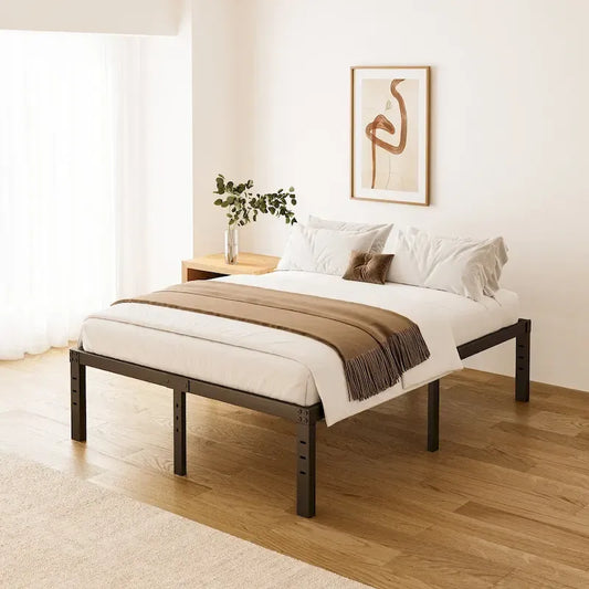 18 Inch Black Metal Platform Bed Frame With Wood Slats Support