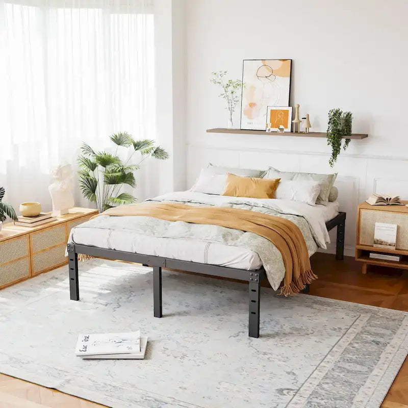 Cadre de lit plateforme en métal noir de 45,7 cm (18 pouces) avec sommier à lattes en bois