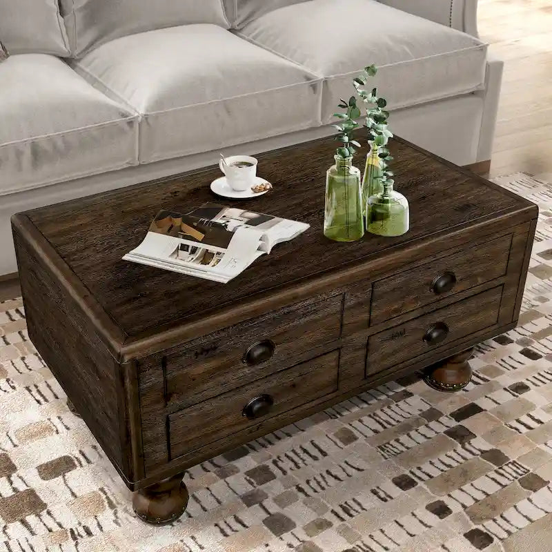Table basse rectangulaire en bois massif avec 4 tiroirs