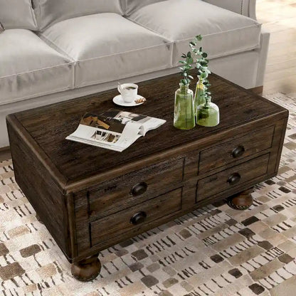 Table basse rectangulaire en bois massif avec 4 tiroirs