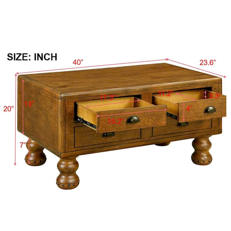 Table basse rectangulaire en bois massif avec 4 tiroirs