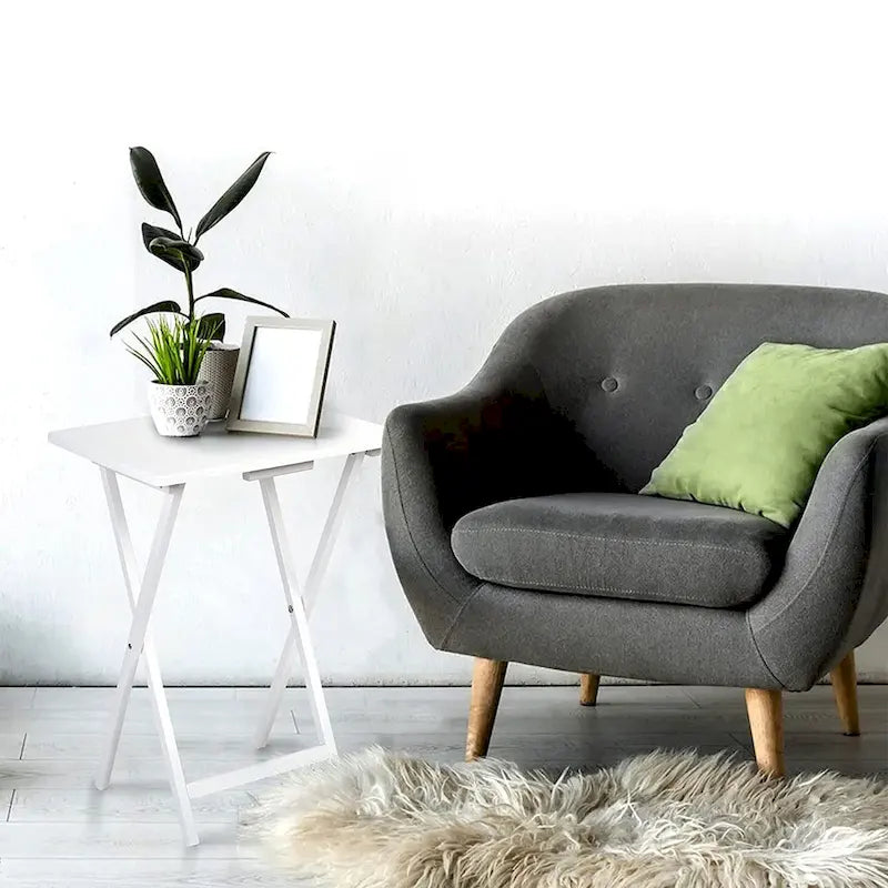 Plateau TV et table d'appoint pliables et compacts en bois massif PJ Wood, blanc, ensemble de 2 pièces - 18,44