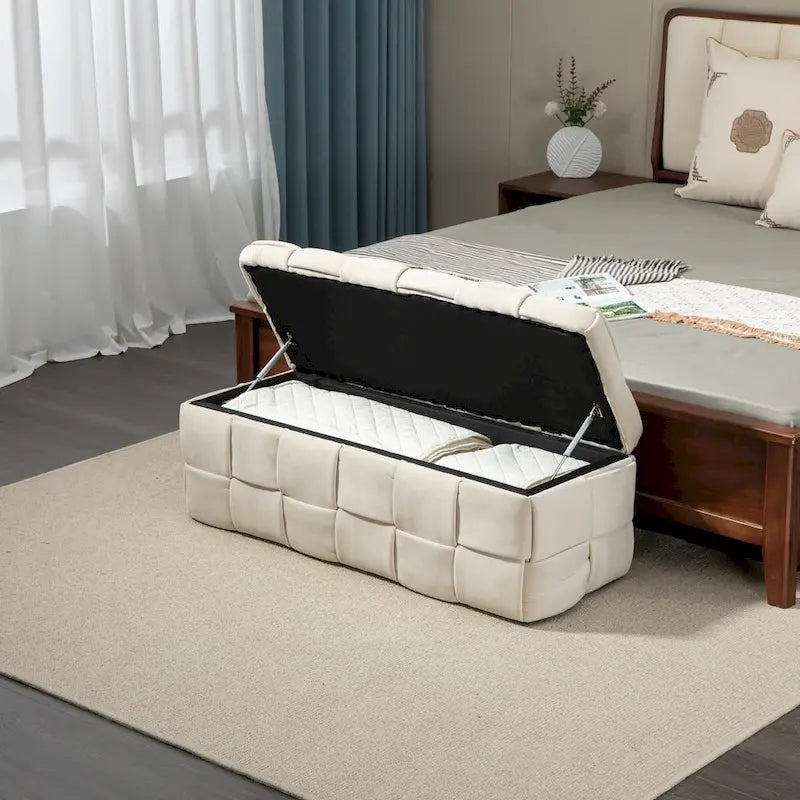 Velvet Upholstered Storage Ottoman Bench with Safety Hinge for Living Room,Bedroom