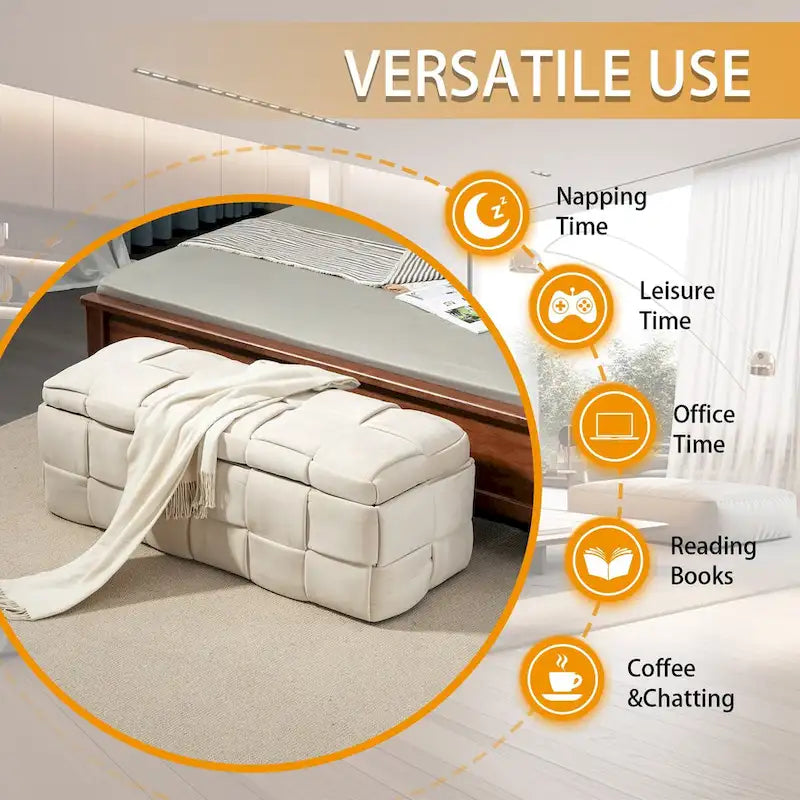 Banc coffre ottoman rembourré en velours avec charnière de sécurité pour salon, chambre