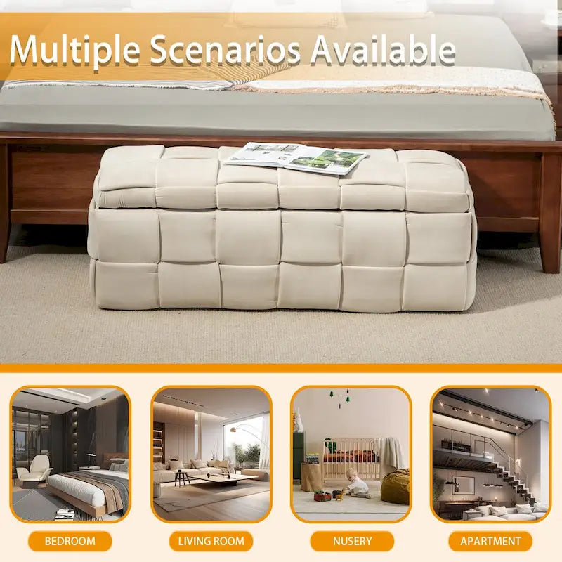 Banc coffre ottoman rembourré en velours avec charnière de sécurité pour salon, chambre
