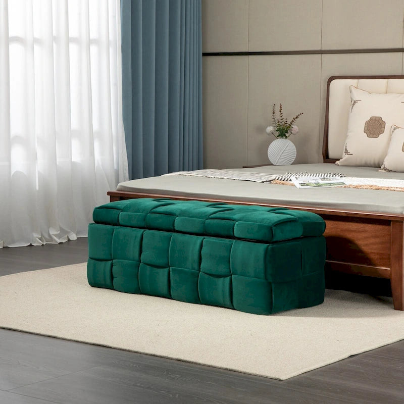 Banc coffre ottoman rembourré en velours avec charnière de sécurité pour salon, chambre