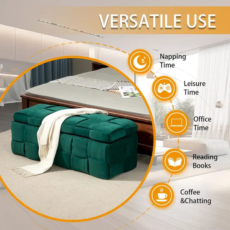 Banc coffre ottoman rembourré en velours avec charnière de sécurité pour salon, chambre