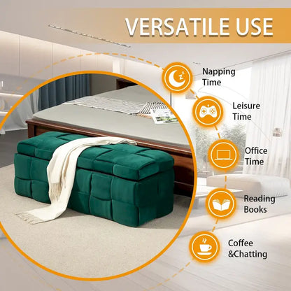 Banc coffre ottoman rembourré en velours avec charnière de sécurité pour salon, chambre