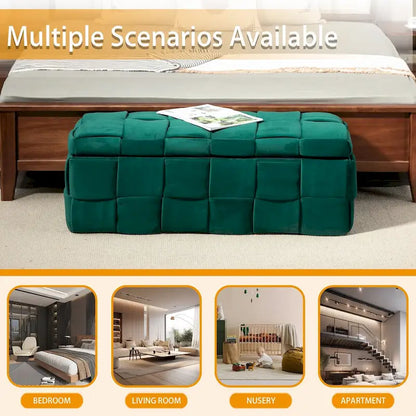 Banc coffre ottoman rembourré en velours avec charnière de sécurité pour salon, chambre