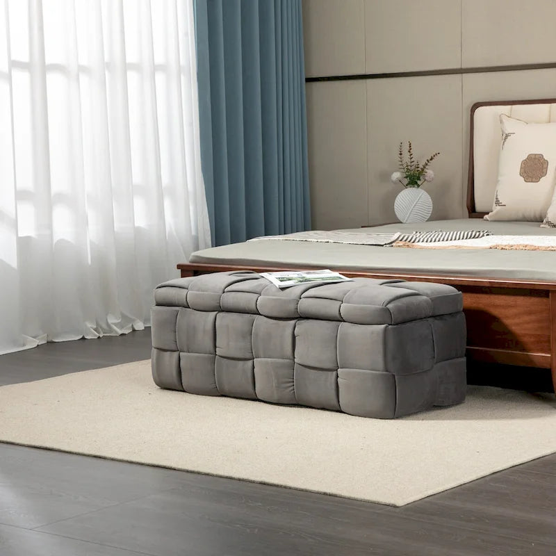Banc coffre ottoman rembourré en velours avec charnière de sécurité pour salon, chambre