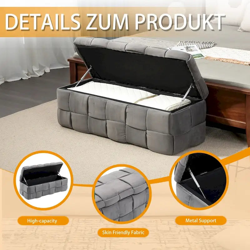 Banc coffre ottoman rembourré en velours avec charnière de sécurité pour salon, chambre