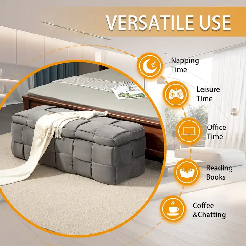 Banc coffre ottoman rembourré en velours avec charnière de sécurité pour salon, chambre